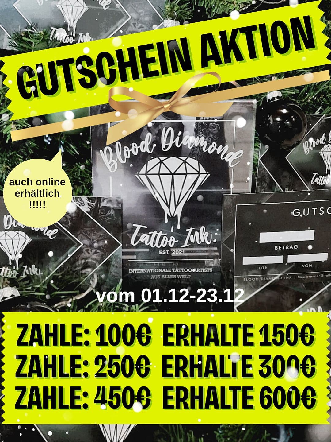 Tattoo-Gutschein Aktion von Blood Diamond Tattoo Ink im Weihnachtsdesign – Geschenke, rote Schleifen und Hinweis auf die Gutschein-Promotion